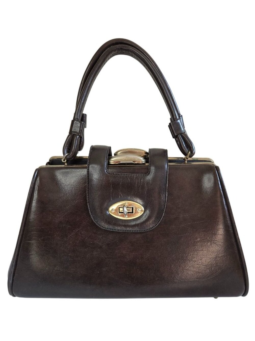 Vtg Brown Leather Frame Kiss Lock Handbag Gold-Tone Hardware Handles Granny Core